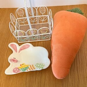 Easter Decor-Orange Carrot Plush Pillow, Basket and White Bunny Dish Set